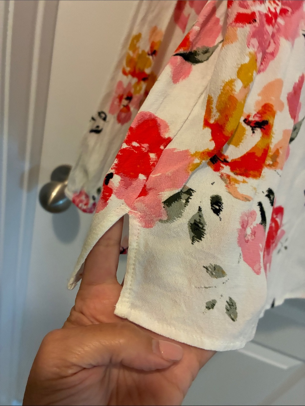 LOFT White Floral Tie-Neck Blouse with Pink, Orange & Yellow Blooms - Picture 3 of 5